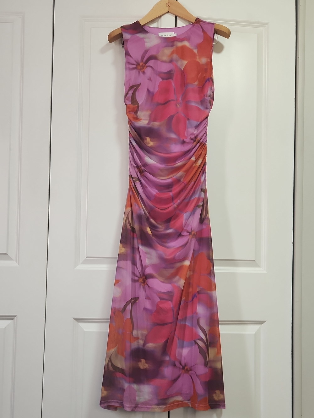 MINKPINK Floral Ruched Mesh Maxi Dress Pink Purple Size M